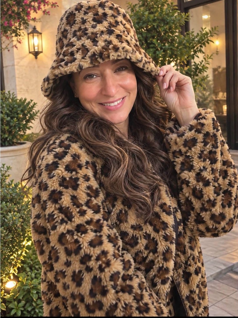 Leopard Print Faux Fur Hooded Jacket - Brown with Hat